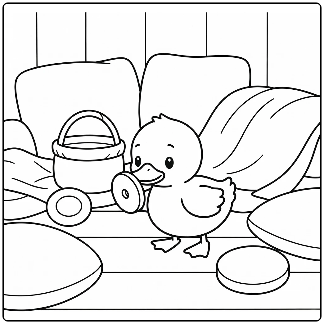 Cute duckling coloring page in farmhouse sewing corner