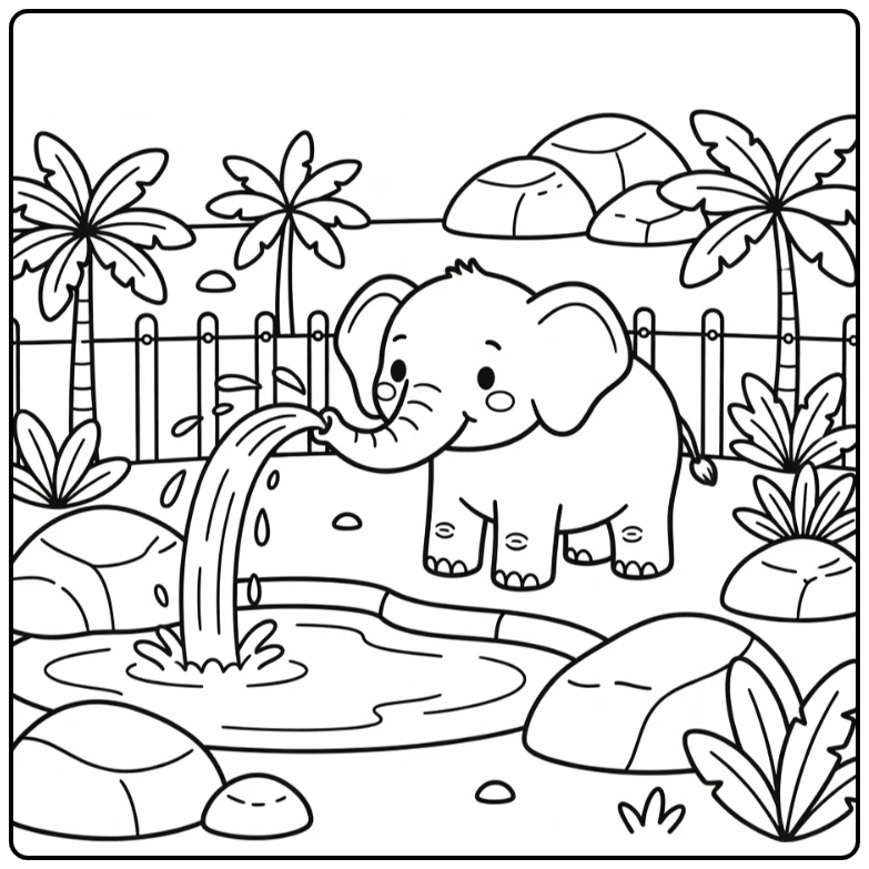 Elephant spraying water in zoo pool zoo coloring page