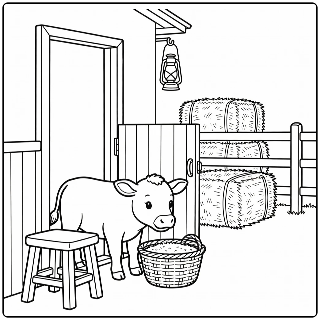 Cute farm animal coloring page: calf peeks from stable sniffing feed