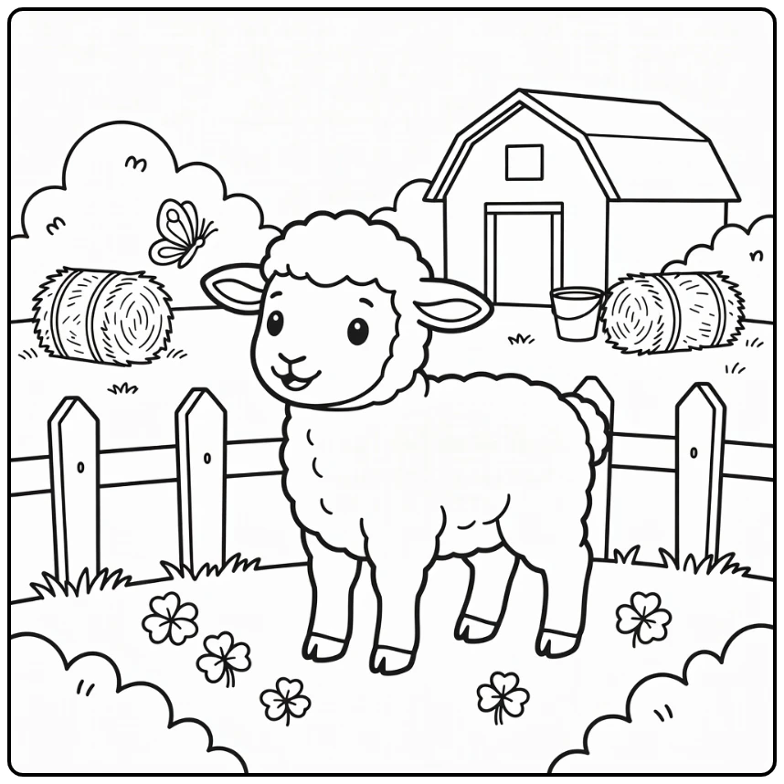 Cute farm animal coloring page: lamb in clover with butterfly