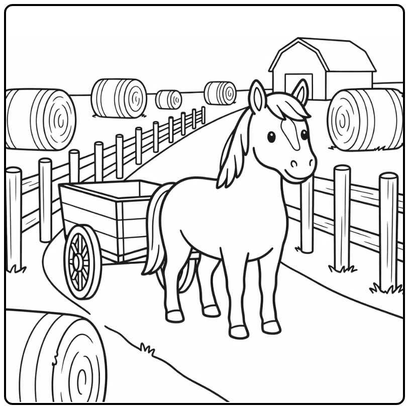 Horse pulling cart on farm lane farm animal coloring page