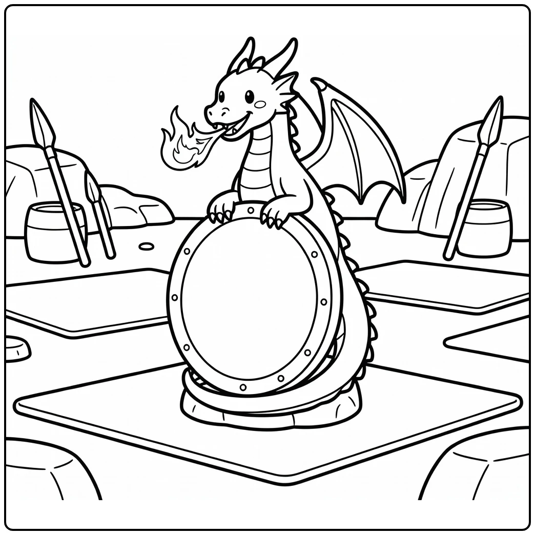 Fire dragon coloring page perched on shield breathing flame