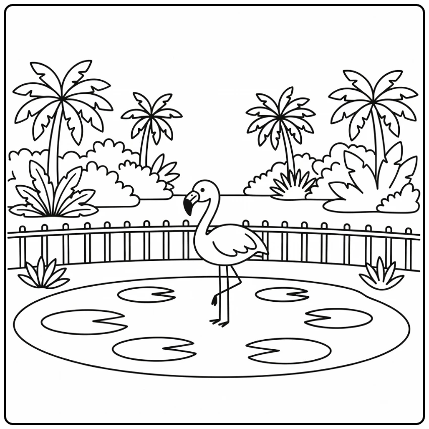Flamingo on one leg by zoo pond zoo coloring page