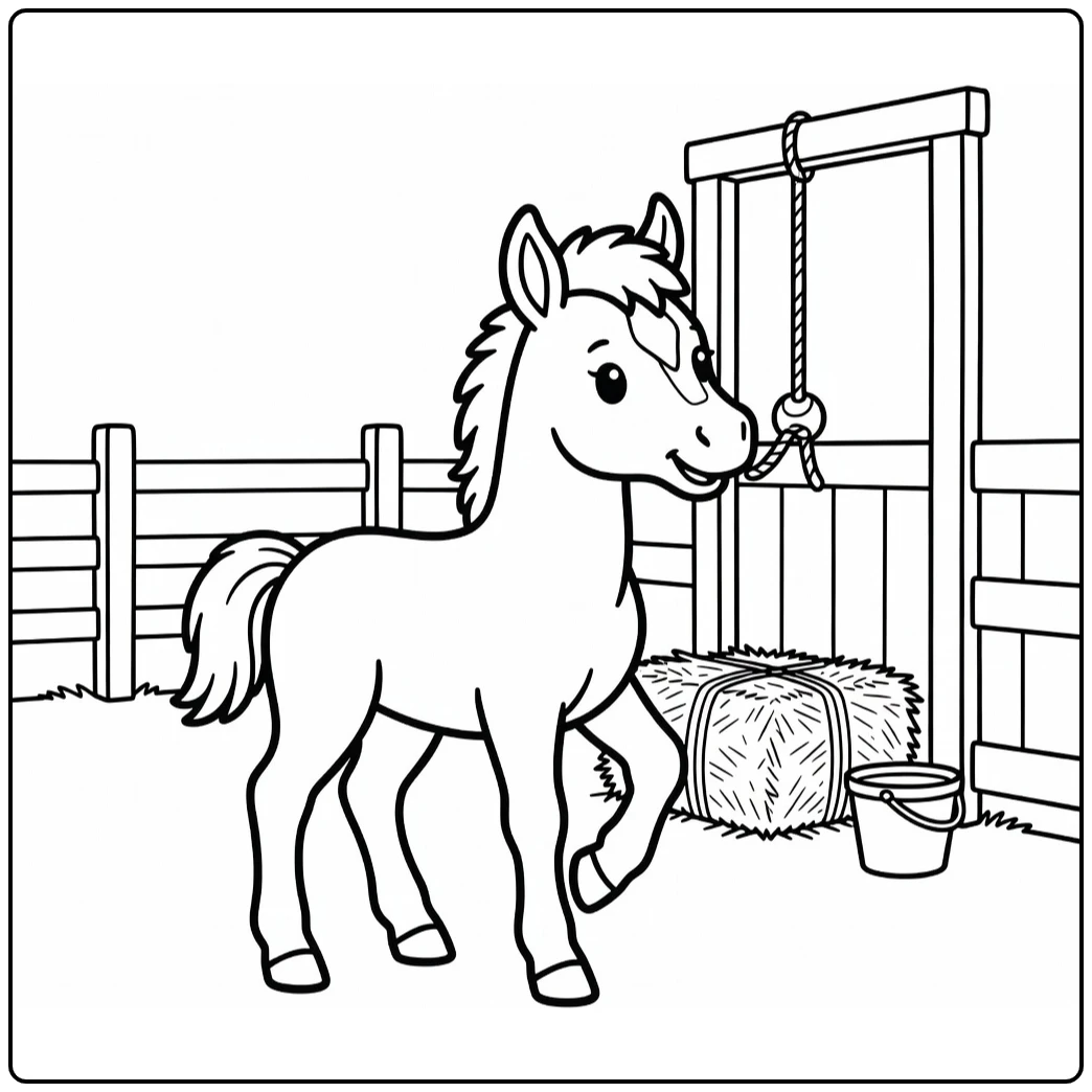 baby animal coloring pages: foal nuzzling rope toy by stable