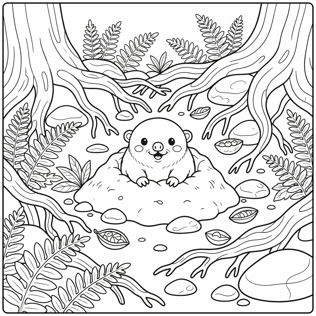 Cute forest animal coloring page: mole popping from roots