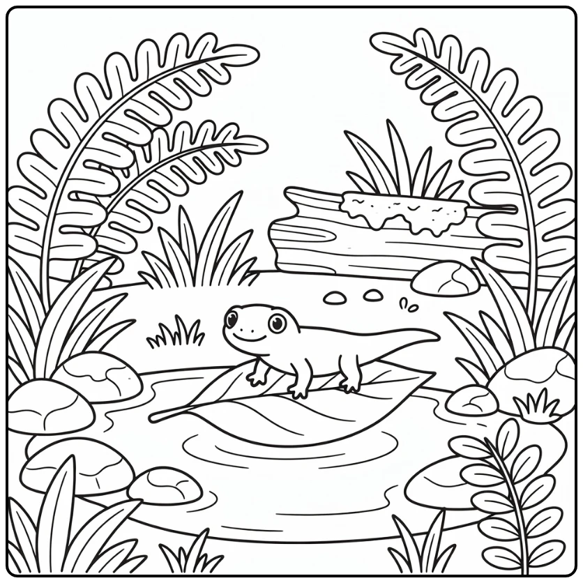 Cute forest animal coloring page: salamander on leaf by spring