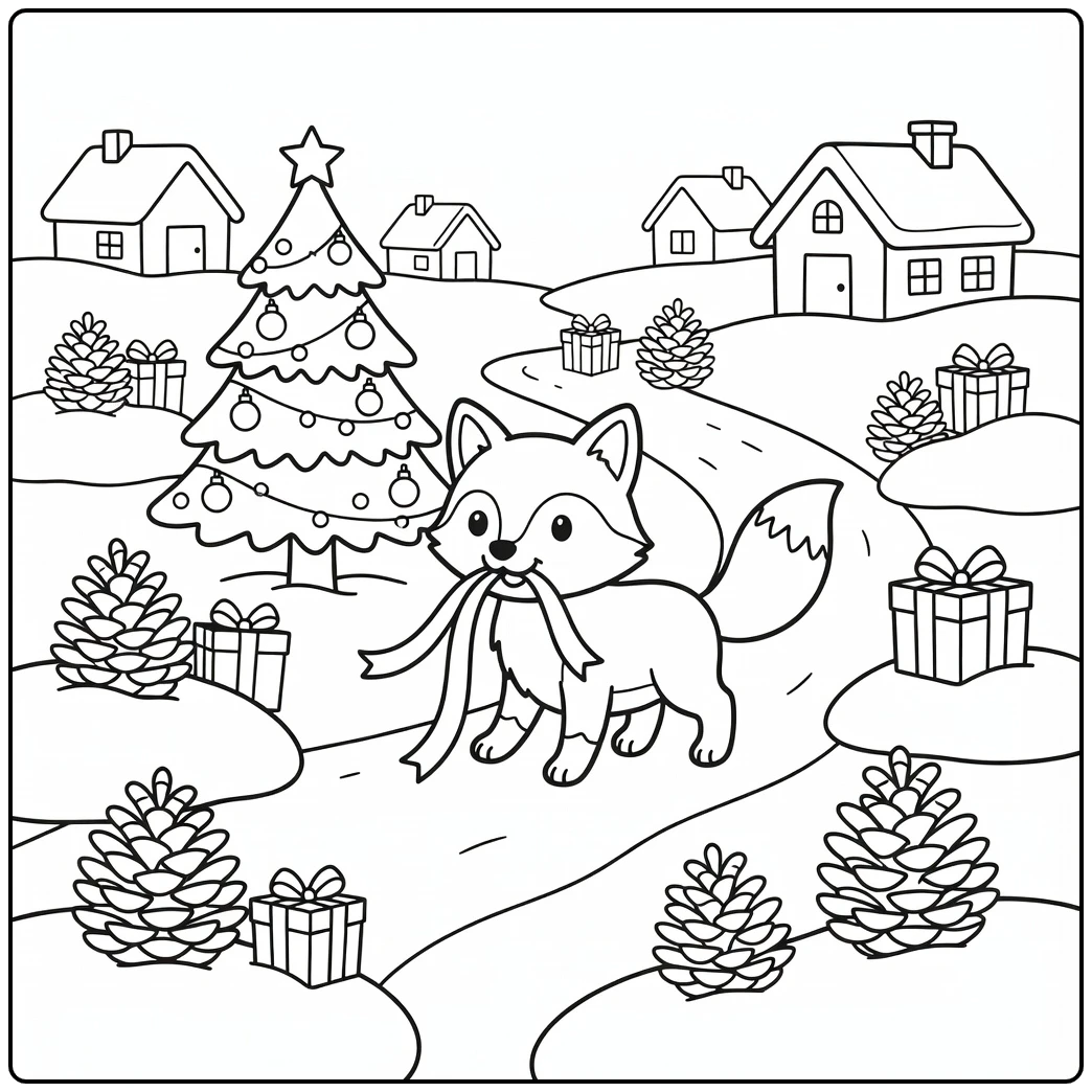 Fox with ribbon past Christmas tree christmas animal coloring page