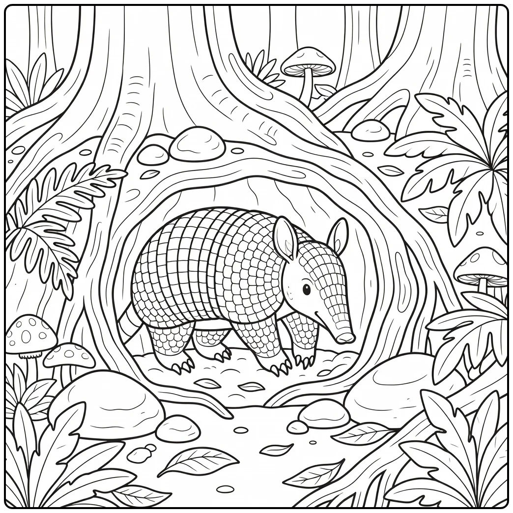 Giant armadillo digging burrow amazon rainforest animal coloring page