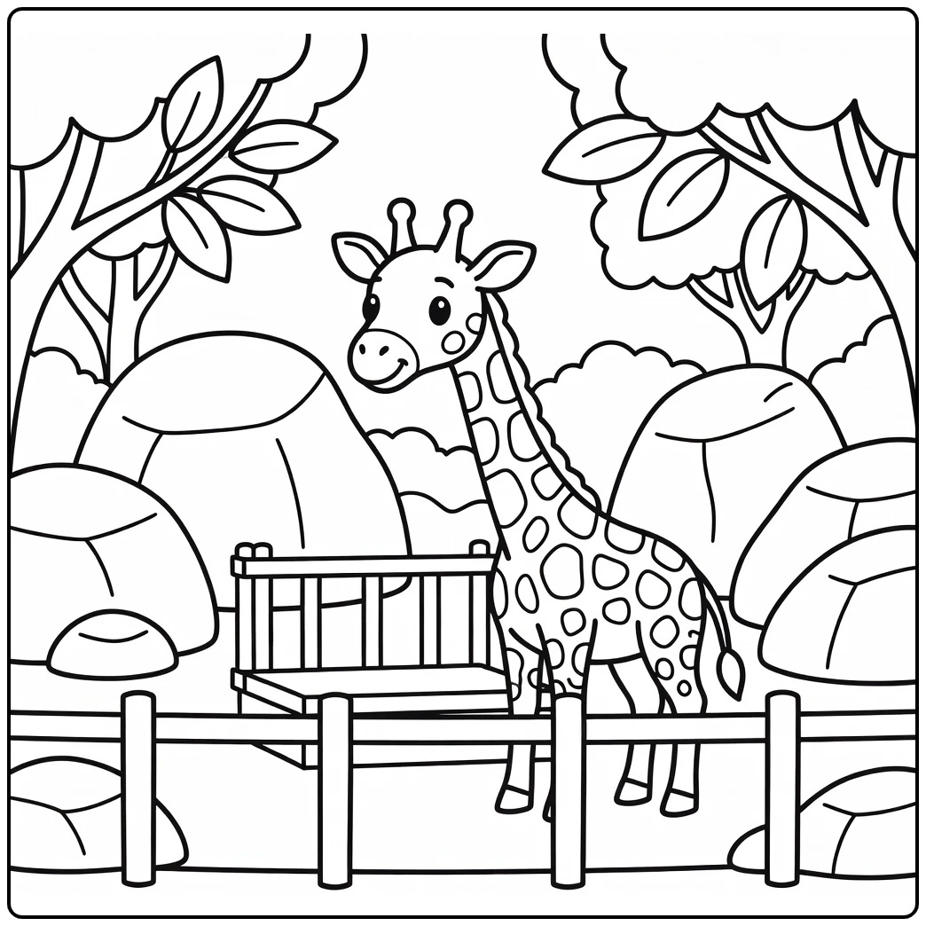 Giraffe bending neck to zoo feeding platform, zoo coloring page