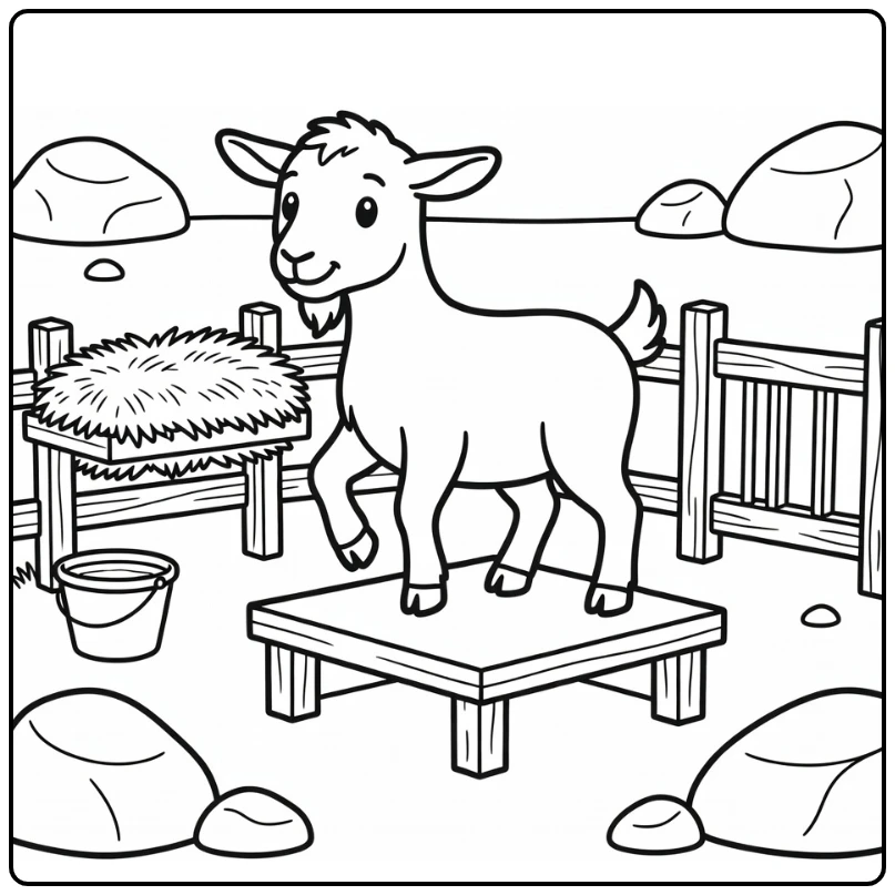 Farm animal coloring page: goat balancing on wooden platform