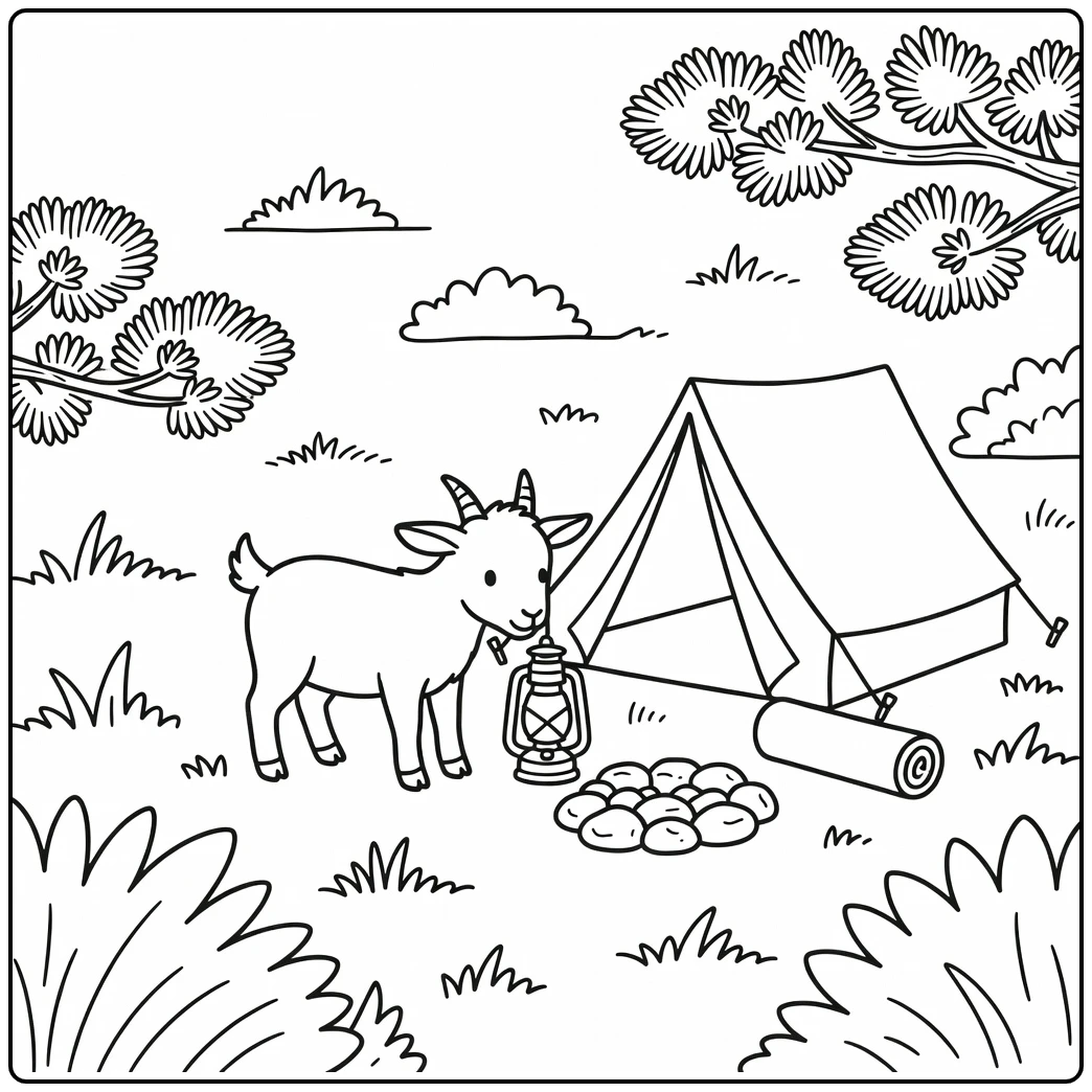 Cute goat coloring page sniffing lantern at meadow campsite
