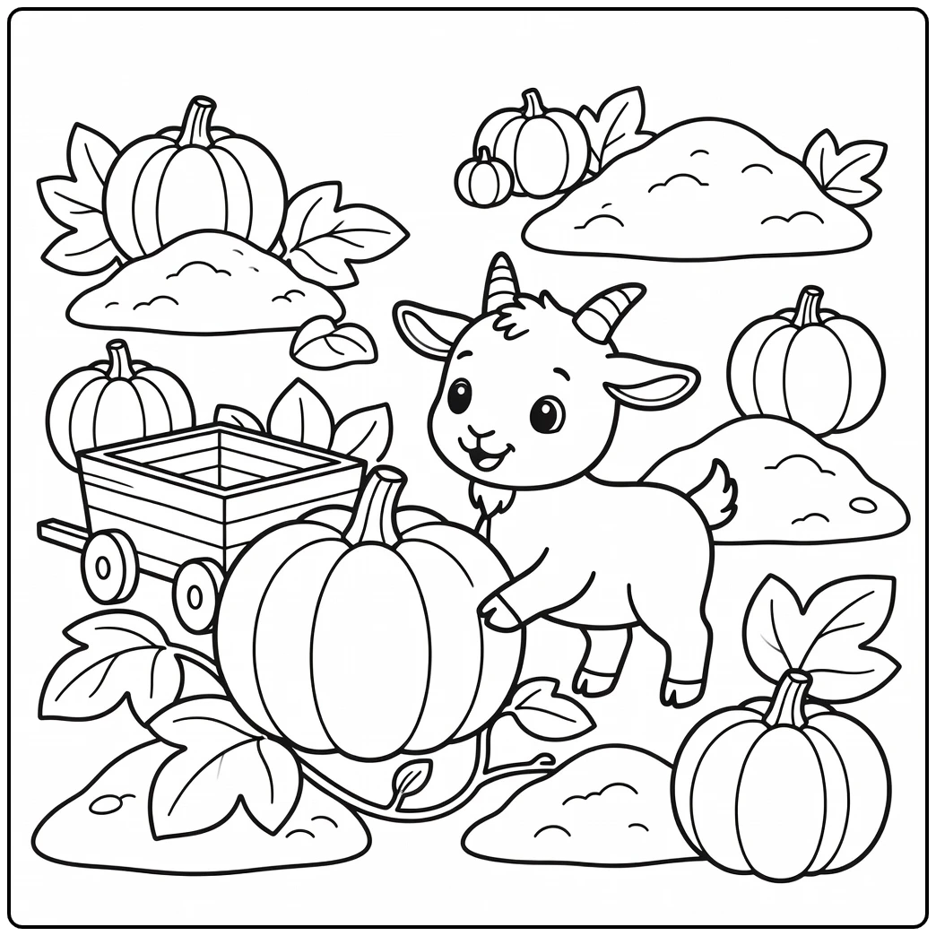 Cute goat coloring page nudging giant pumpkin squash