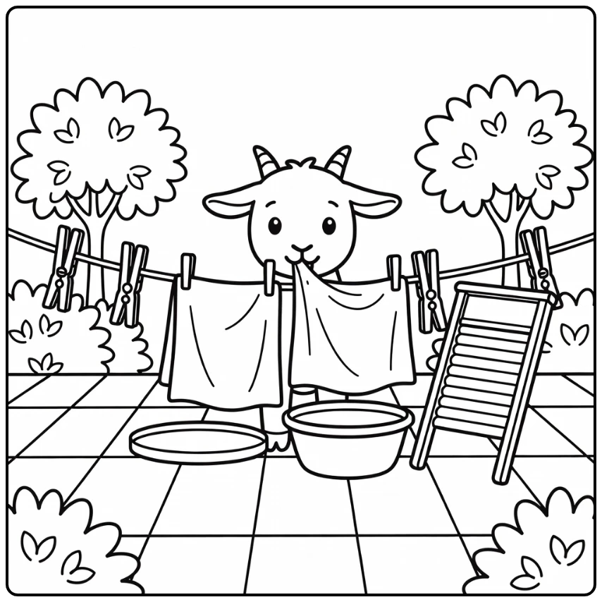 Cute goat coloring page in playful laundry yard