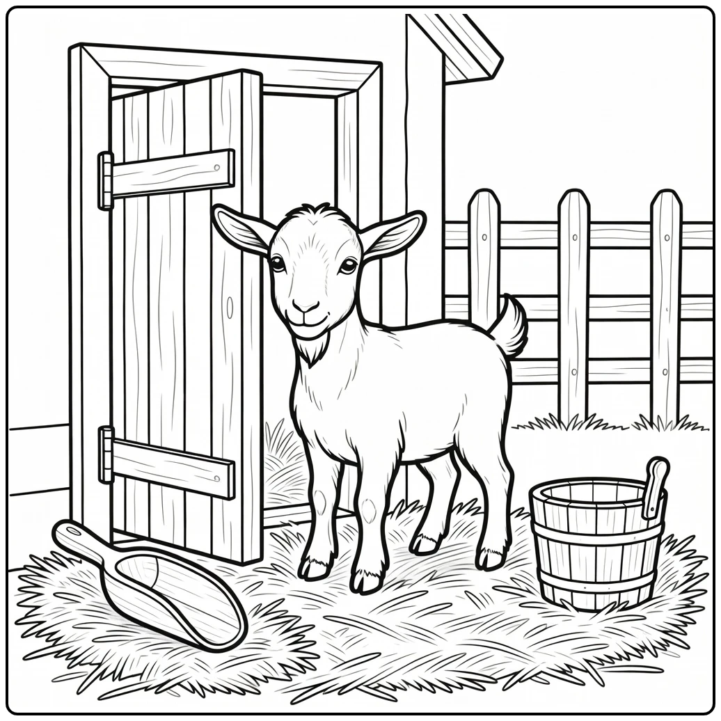 Farm animal goat peeking through barn door coloring page
