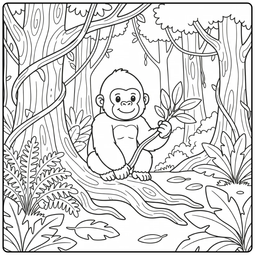 Gorilla holding branch by tree root wild animals coloring page