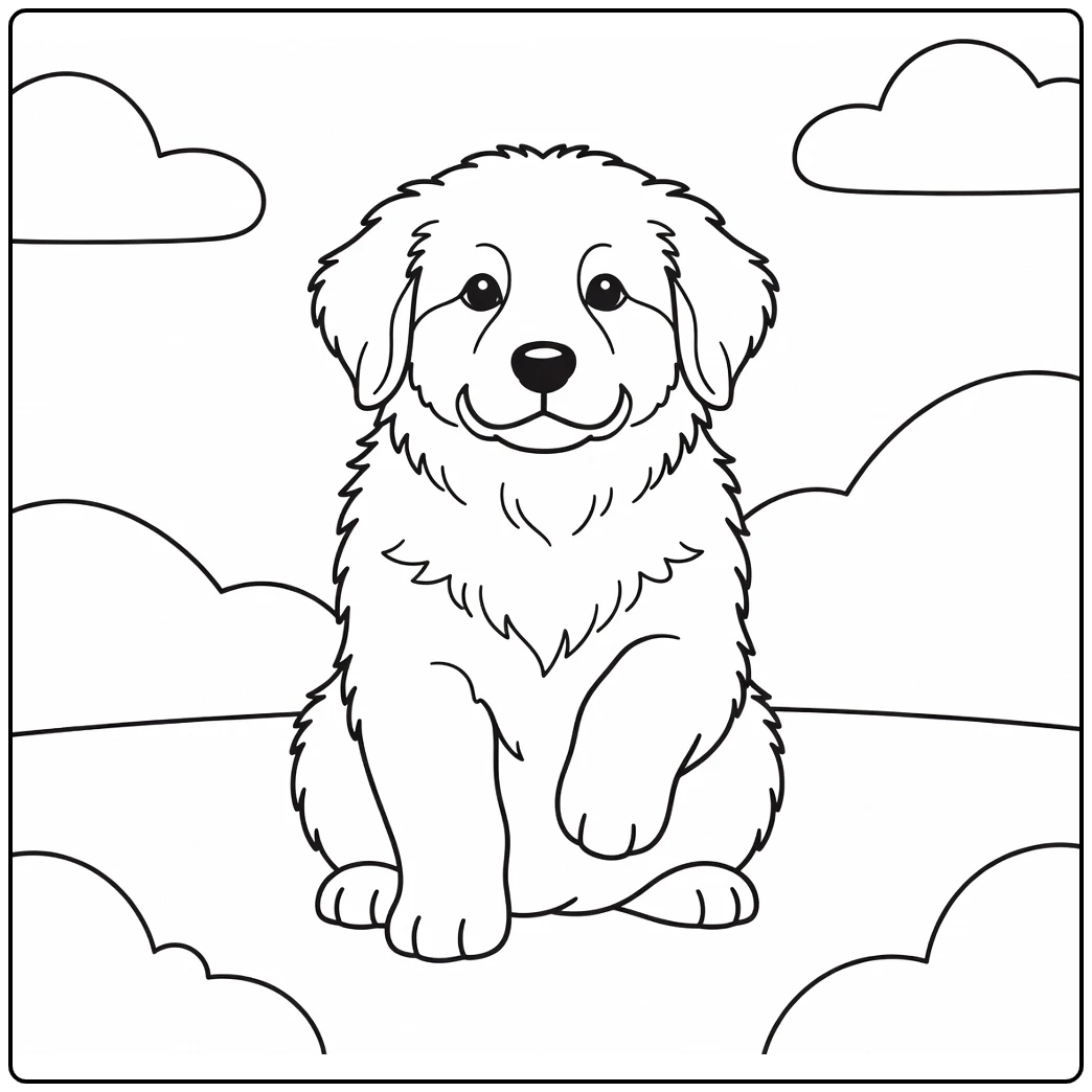 Great Pyrenees coloring page: fluffy puppy with raised paw