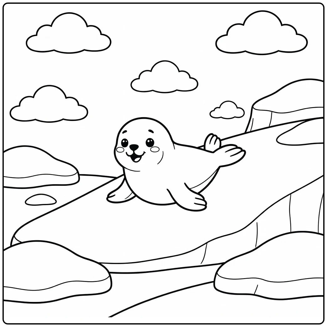 Harp seal pup sliding on ice: arctic animal coloring page