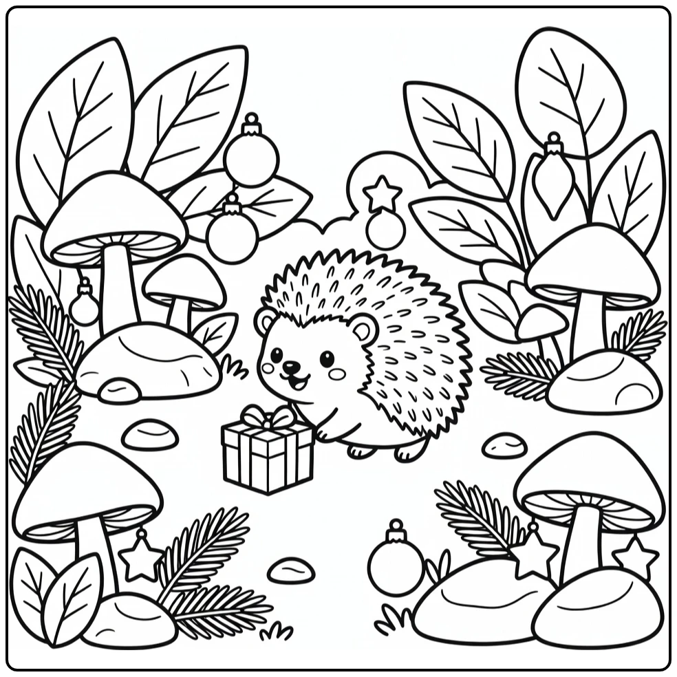 Hedgehog rolling gift in forest: christmas animal coloring page