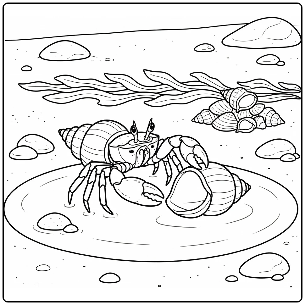 Hermit crab switching shells in tide pool sea animal coloring page
