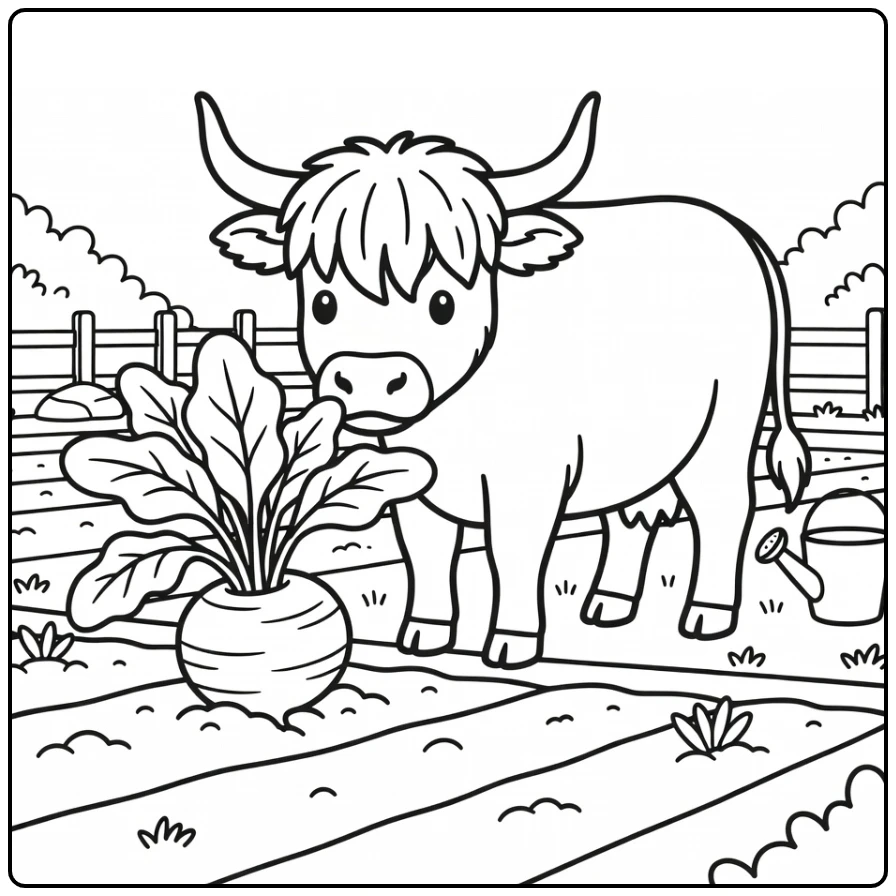Highland cow sniffing giant turnip in garden, highland cow coloring pages