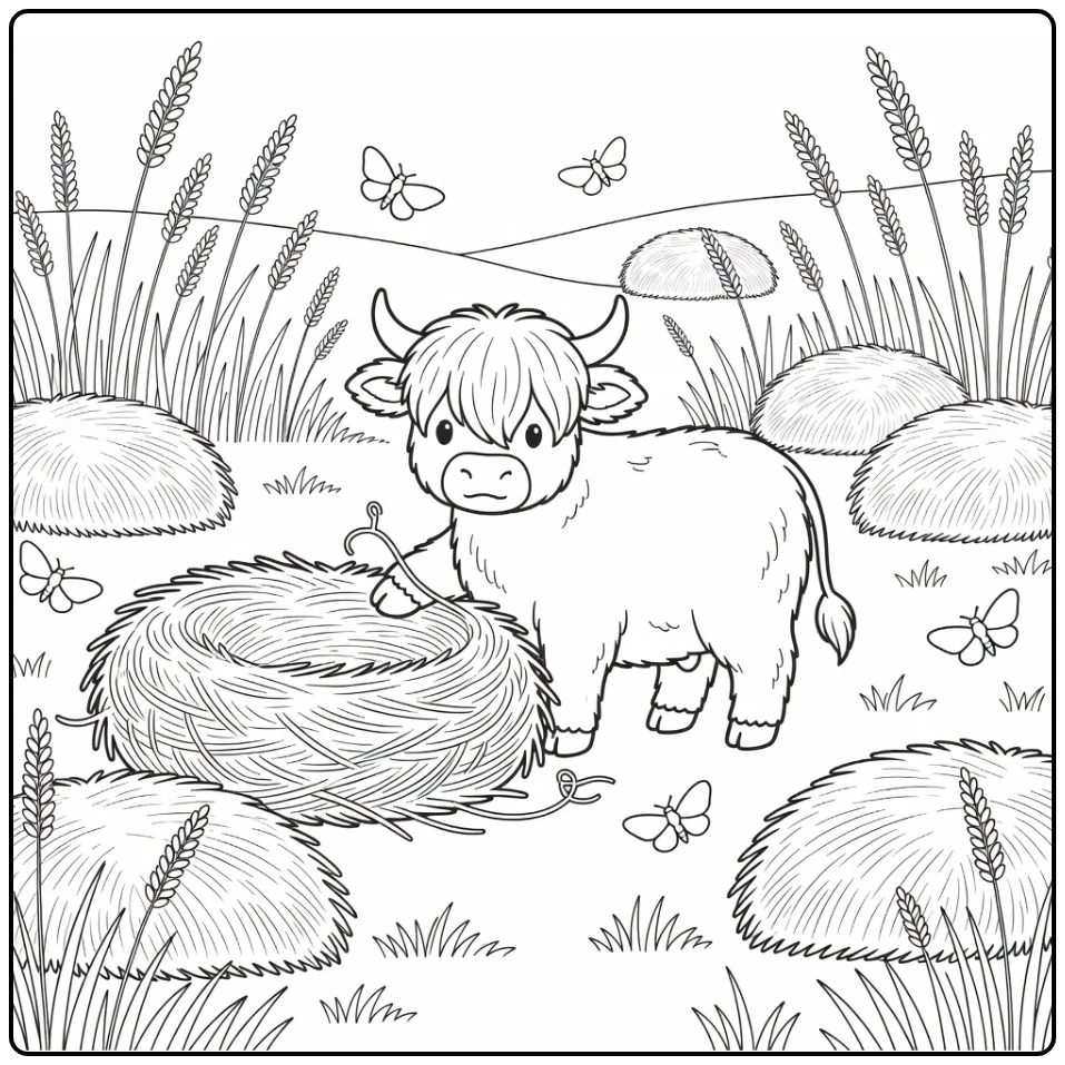 Cute highland cow coloring pages with hay nest & meadow