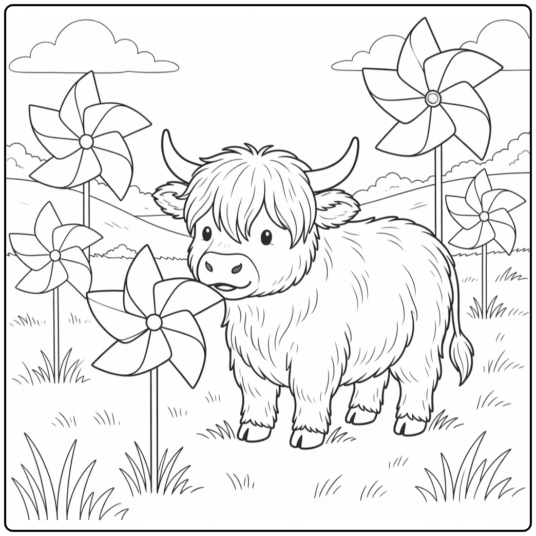Highland cow coloring pages for kids sniffing pinwheel