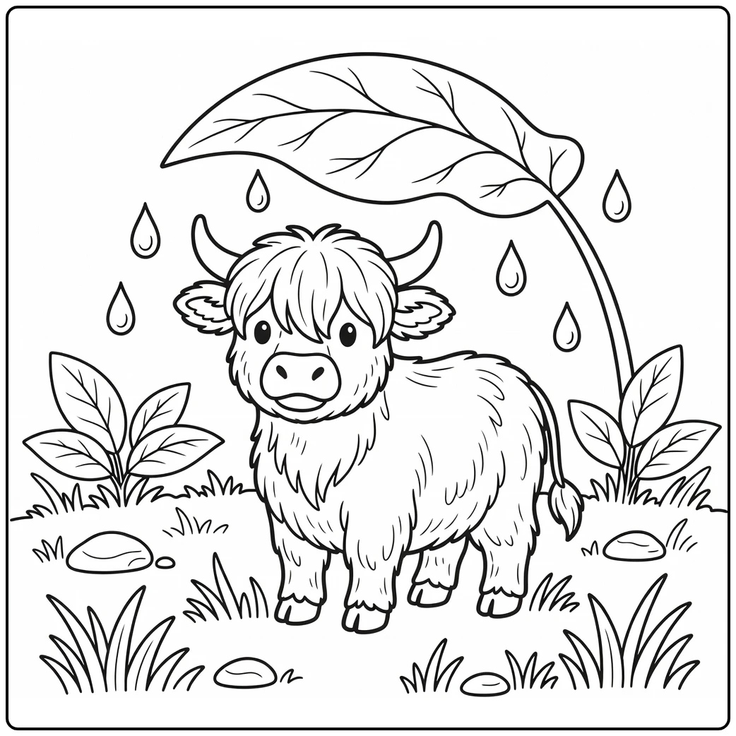 Cute highland cow coloring pages: under burdock leaf in rain