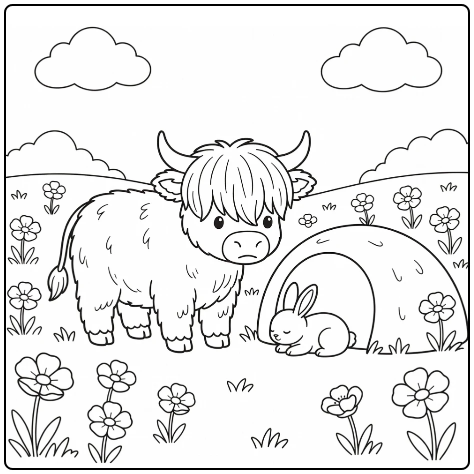cute highland cow coloring pages: nuzzling sleepy rabbit in meadow