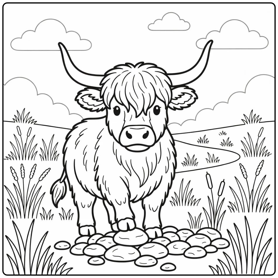Highland cow coloring pages: nudging pebble by riverbank
