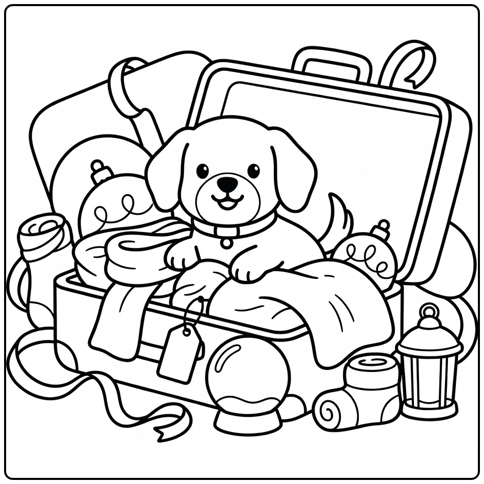 Holiday Dog coloring pages: peeking from festive suitcase