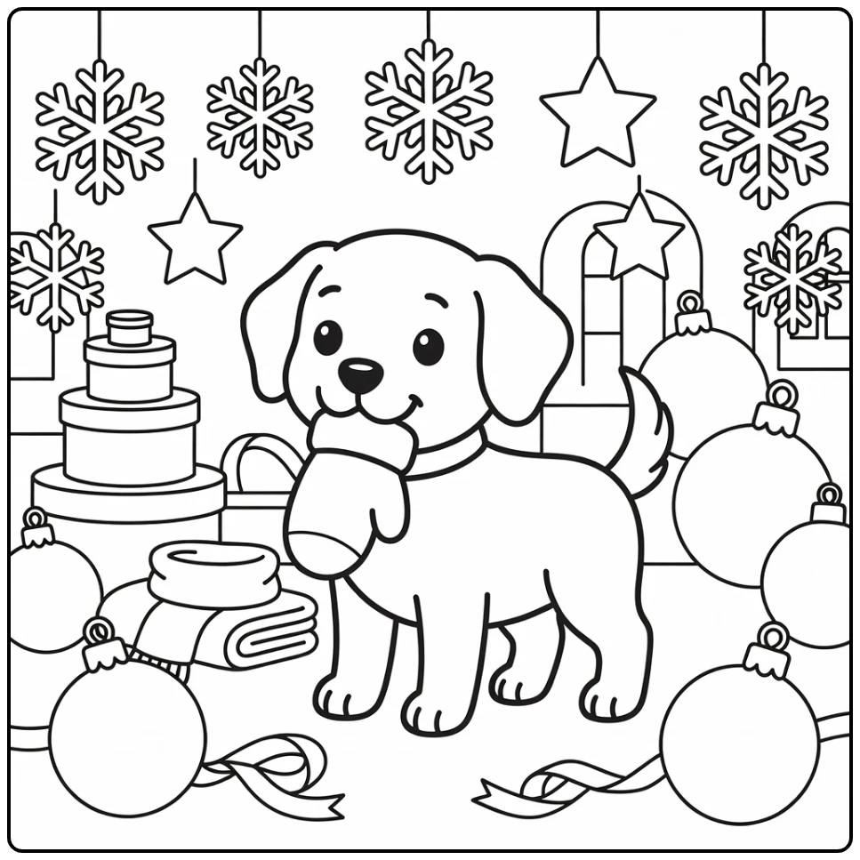 Holiday Dog catching mitten under snowflakes, holiday Dog coloring pages