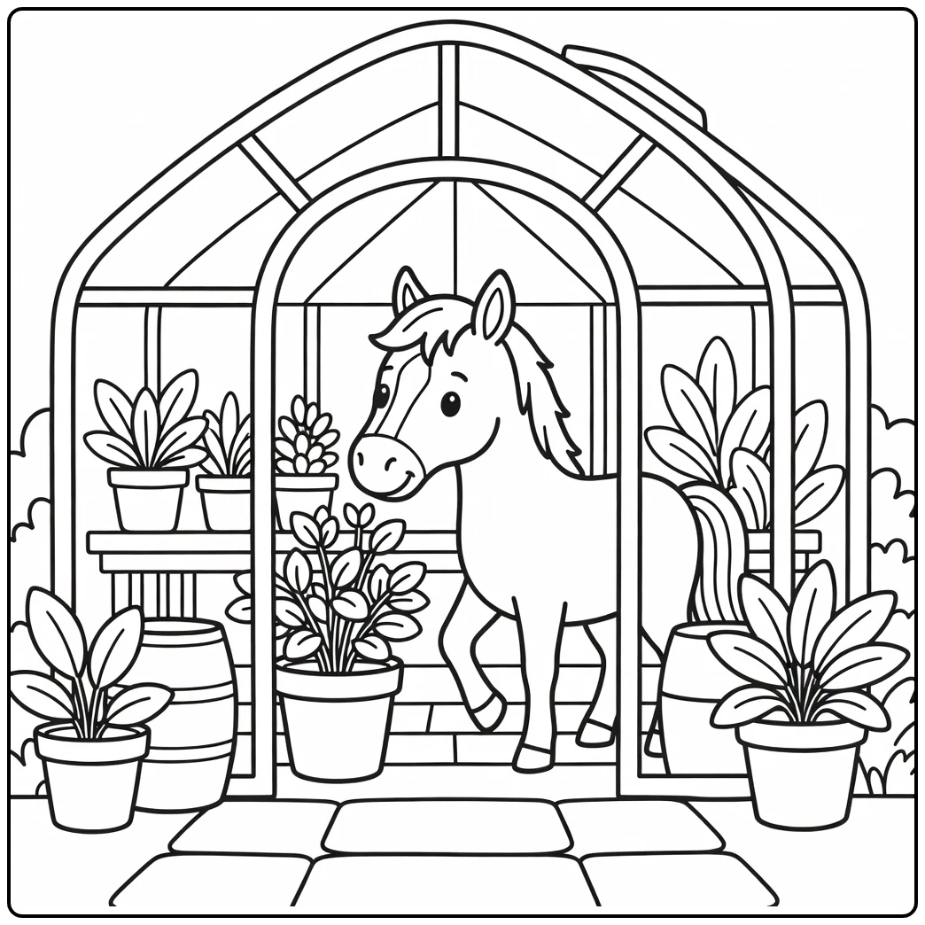Cute horse coloring page in greenhouse with potted herbs