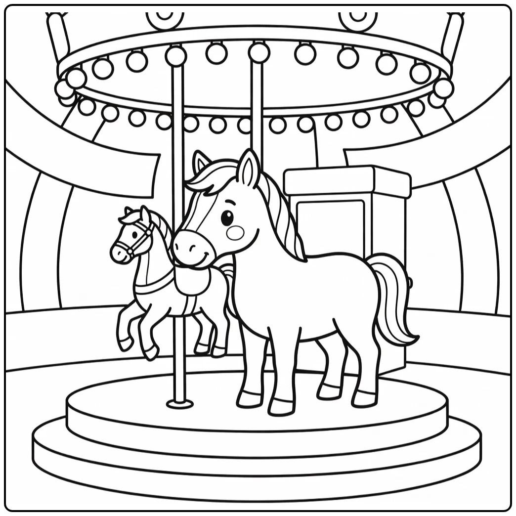 Cute horse coloring page with quiet carousel and ticket booth