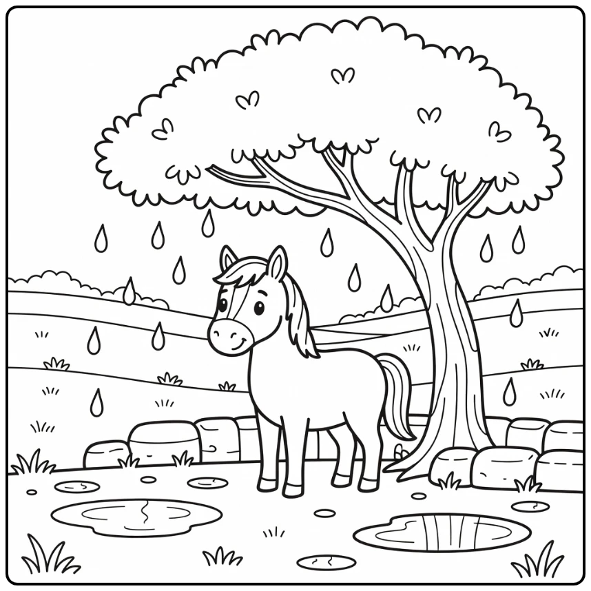 Adorable horse coloring page under rainy tree with puddles