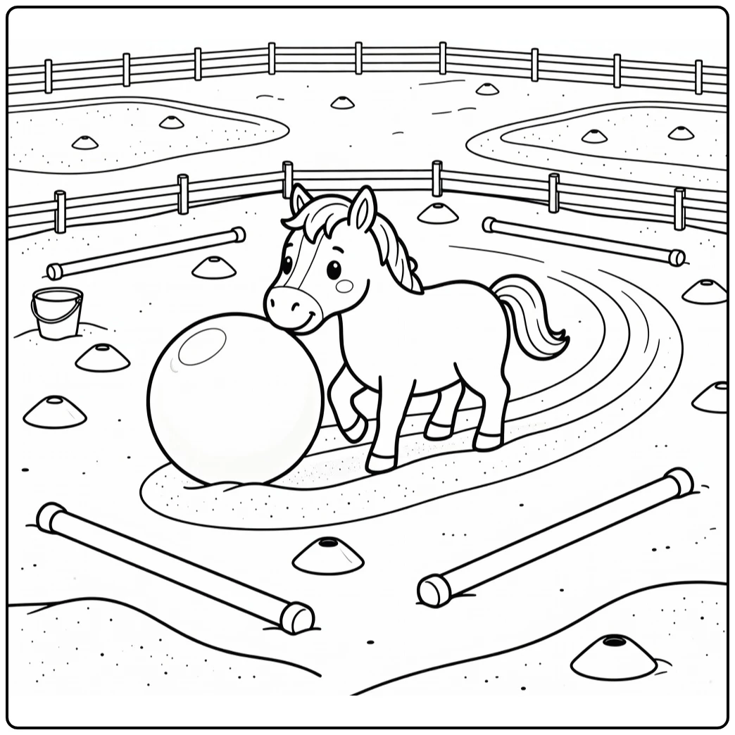 cute horse coloring page with horse nudging play ball
