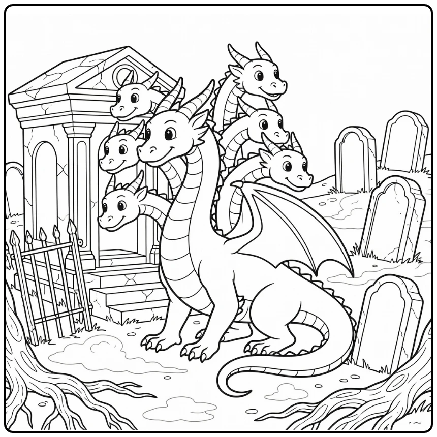 Moonlit graveyard hydra dragon coloring page, five heads