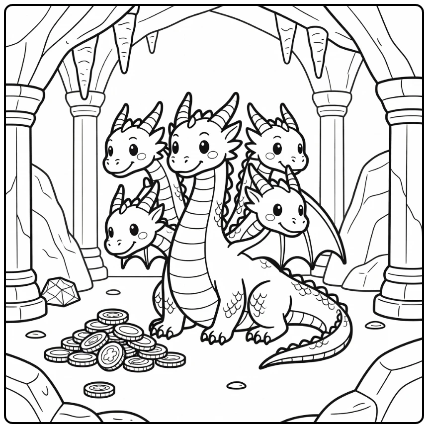 Hydra dragon coloring page: four heads guard cave treasure coins gems