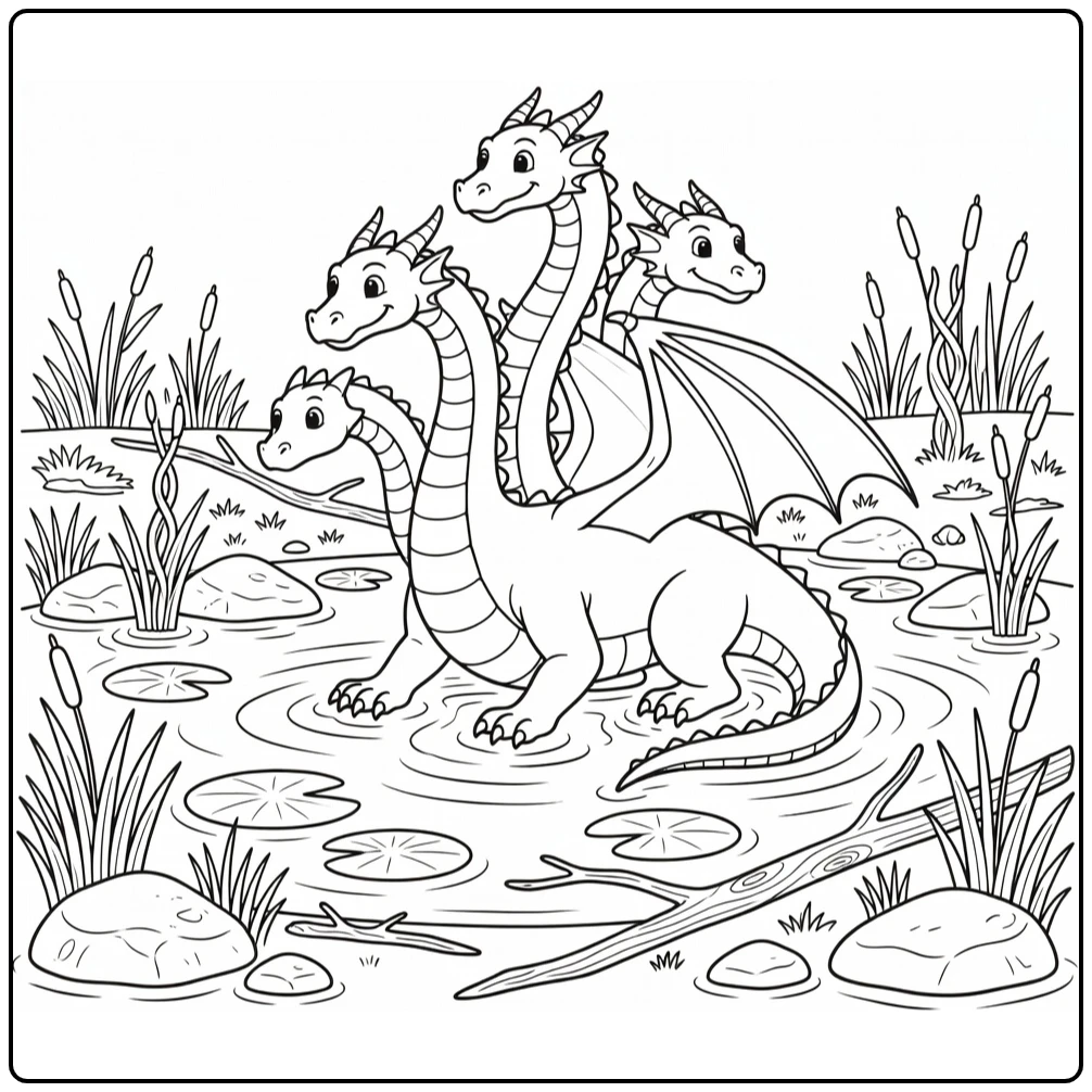 Marshland hydra dragon coloring page with three heads