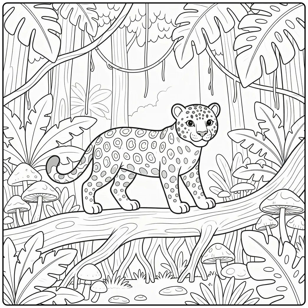 Jaguar on tree root jungle animals coloring page