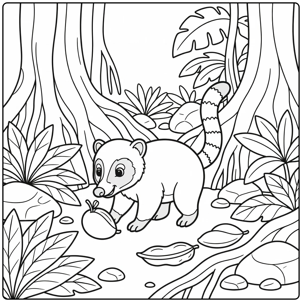 Cute jungle animal coloring page: coati sniffing fruit