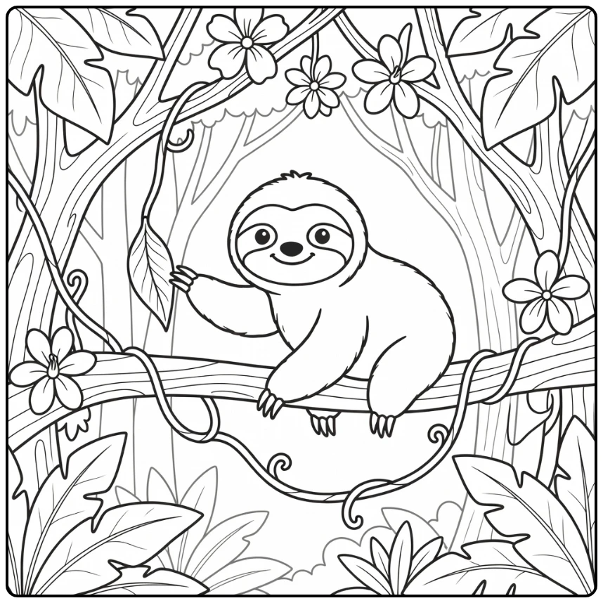 Cute jungle animal coloring page: baby sloth reaching leaf