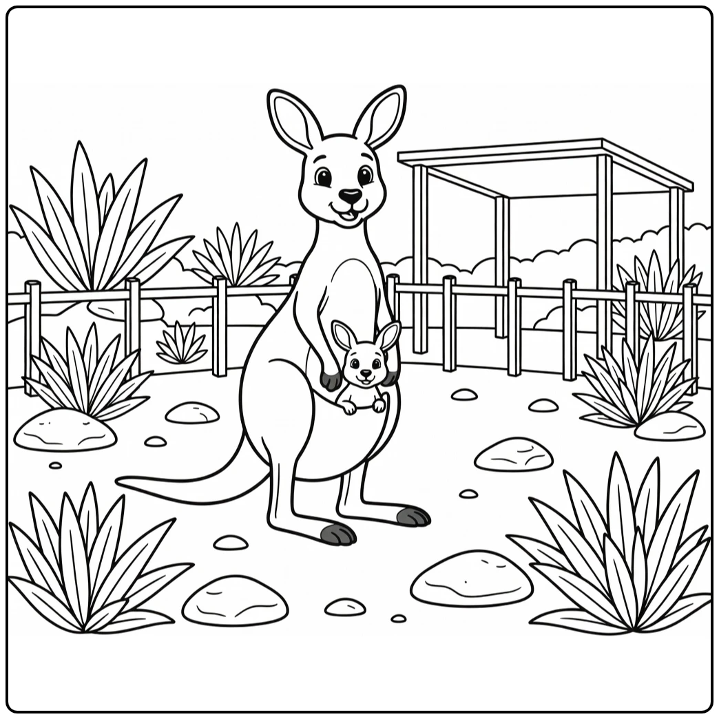 Kangaroo with joey in outback zoo coloring page