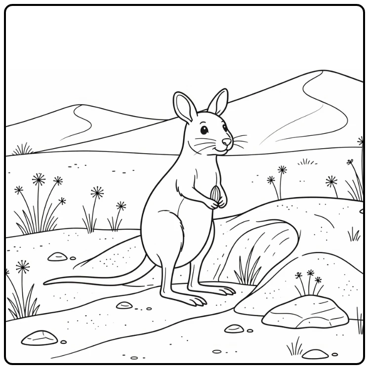 Kangaroo rat holding seed at burrow, desert animal coloring page