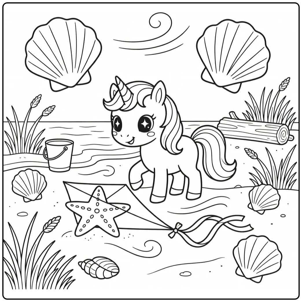 Cute kawaii unicorn coloring pages: inspecting starfish kite