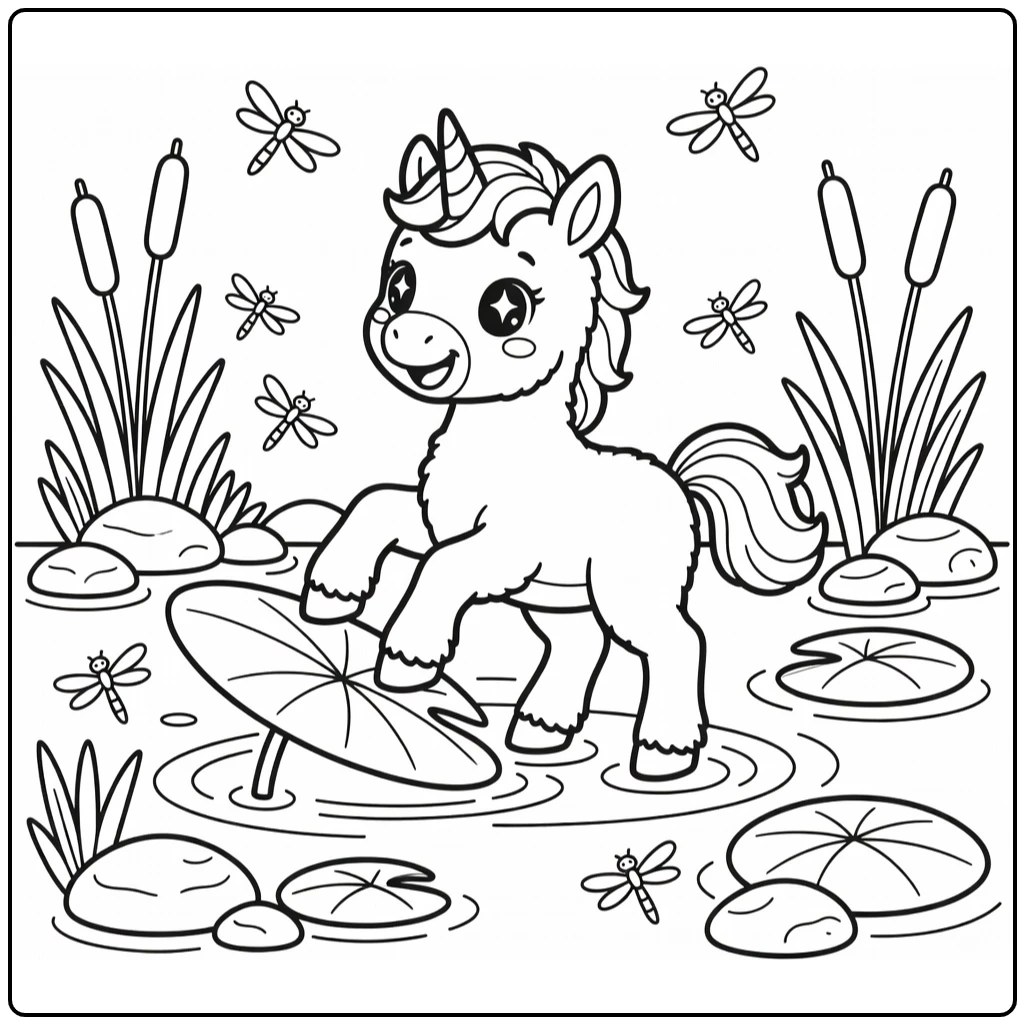 Cute kawaii unicorn coloring pages: foal wobbling on lily pad