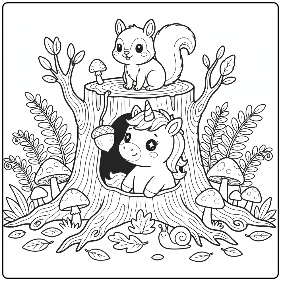 Cute kawaii unicorn coloring pages: peeking from stump with squirrel