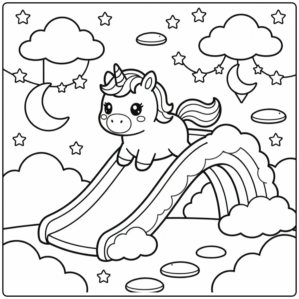 Cute kawaii unicorn coloring pages: plump unicorn slides on rainbow cloud