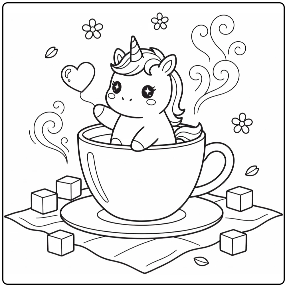 Cute kawaii unicorn coloring pages: chubby baby in teacup bats bubble