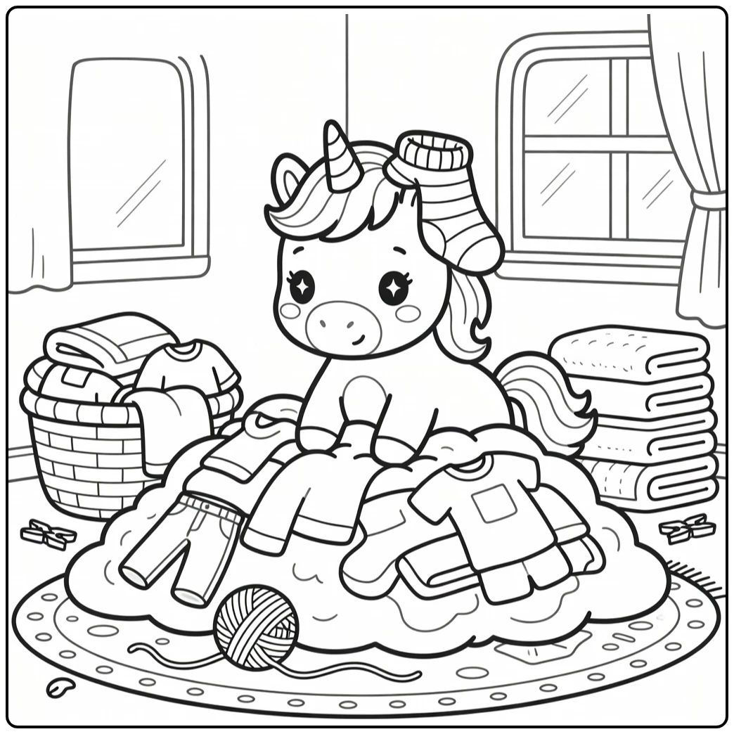 Cute kawaii unicorn coloring pages: baby unicorn in laundry chaos