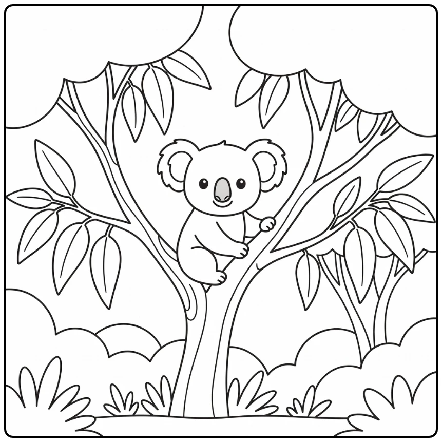 Wild animals coloring page: koala gripping eucalyptus branch